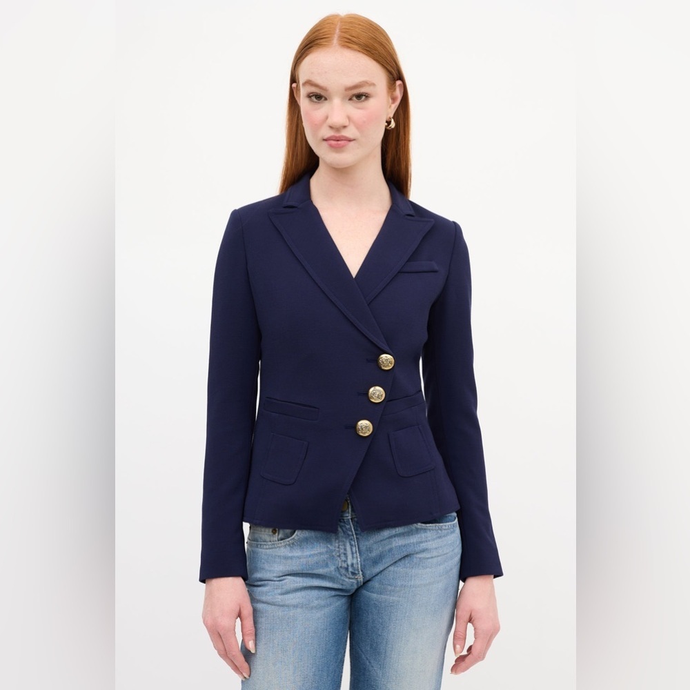 Smythe Asymmetrical Wrap Blazer - Navy Blue + Gold Buttons - Size 4 - Picture 3 of 16